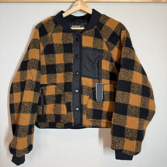 Women's Blank NYC Caramel and Black Buffalo Plaid Bomber Style Jacket Size L NEW - Picture 1 of 9